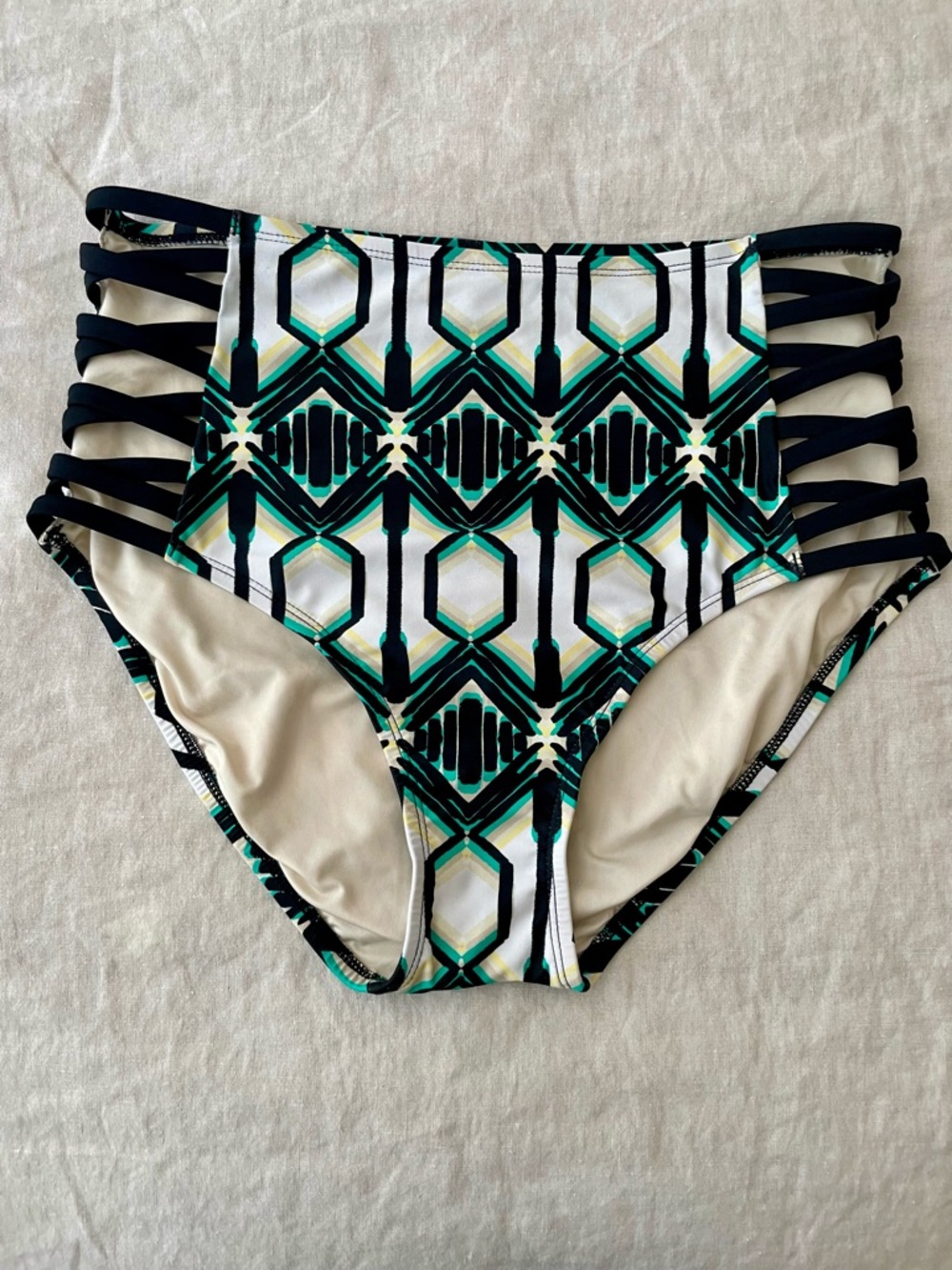 High-Waist Printed Bikini Bottom with Strappy Sides - Green/Black